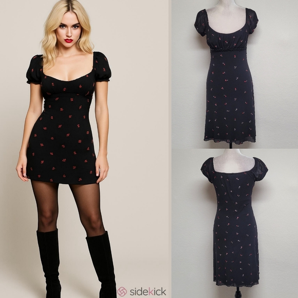 Rampage Vintage 80s Whimsigoth Black Red Ditsy Floral Puff Sleeve Babydoll Dress